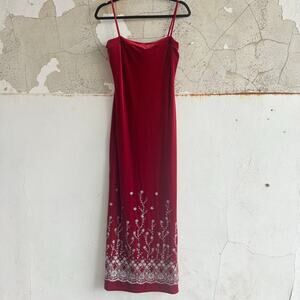 Vtg Red Velvet Slip Dress Maxi Gown Metallic Silver 90s Whimsigoth USA Made S